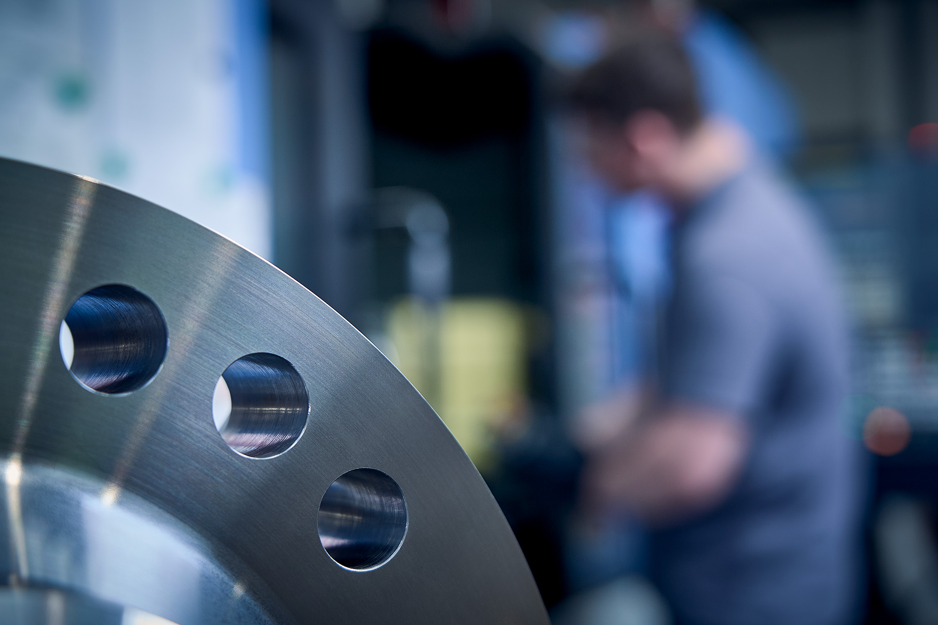 Close up of precision machined stainless steel valve flange manufactured at Colson Valves UK facility